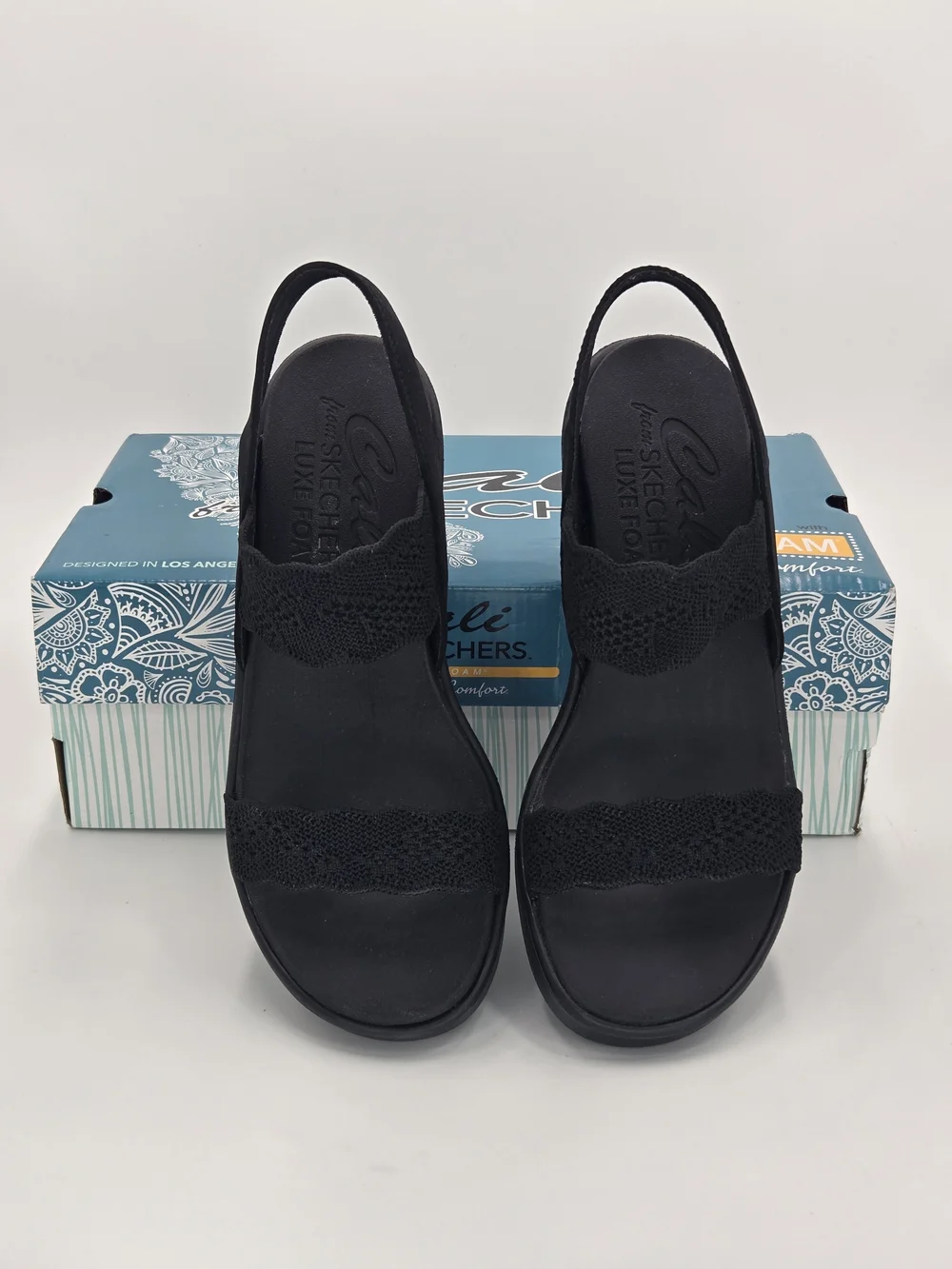 Cali from Skechers Rumble On-New Crush Black Suede Crochet Wedge Sandals Size 8